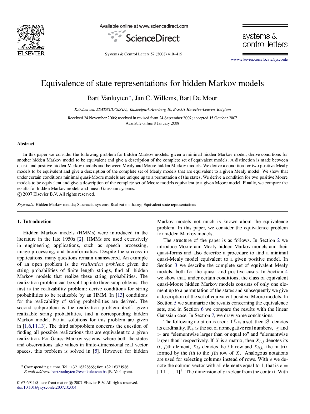 Equivalence of state representations for hidden Markov models