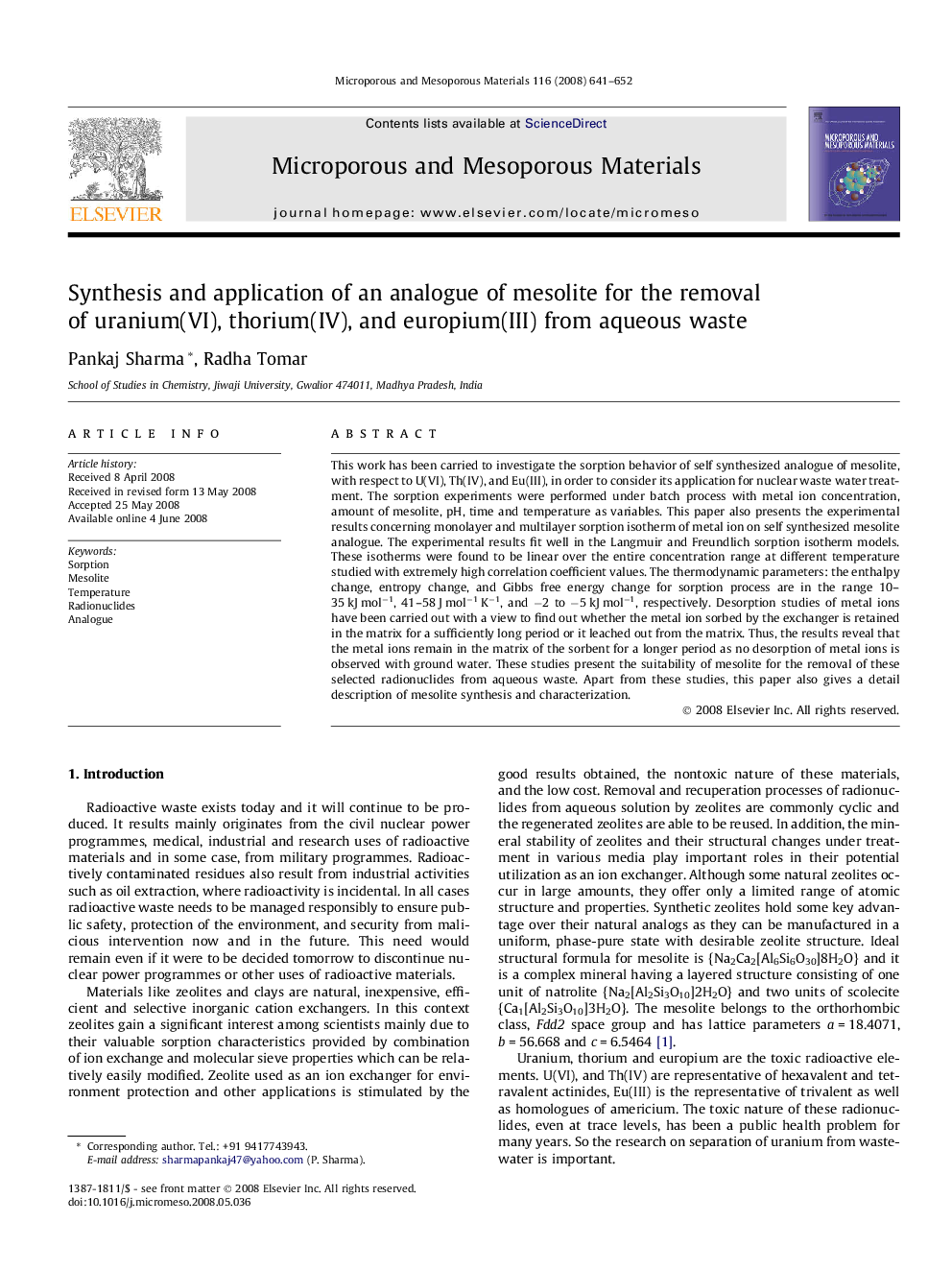 Synthesis and application of an analogue of mesolite for the removal of uranium(VI), thorium(IV), and europium(III) from aqueous waste