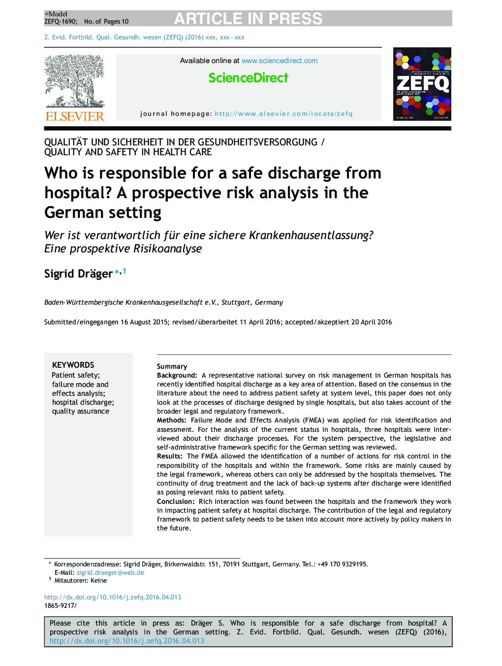 Who is responsible for a safe discharge from hospital? A prospective risk analysis in the German setting