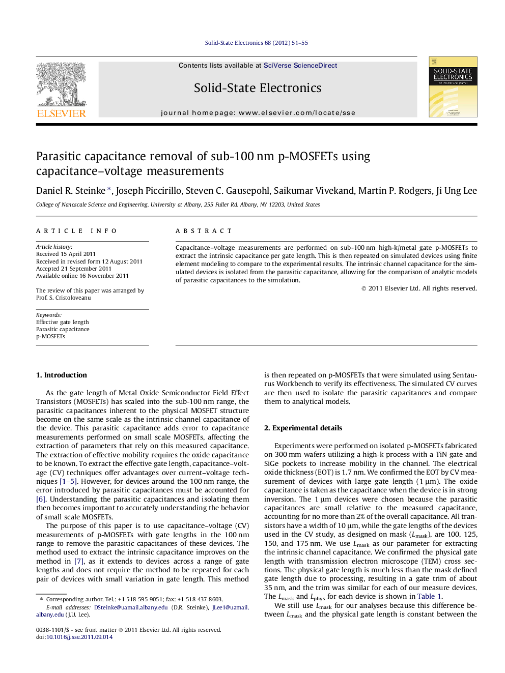 Parasitic capacitance removal of sub-100 nm p-MOSFETs using capacitance–voltage measurements