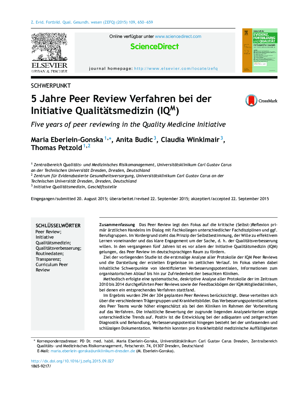 5 Jahre Peer Review Verfahren bei der Initiative Qualitätsmedizin (IQM)