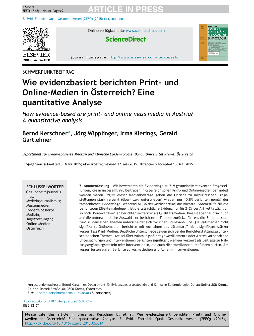 Wie evidenzbasiert berichten Print- und Online-Medien in Ãsterreich? Eine quantitative Analyse