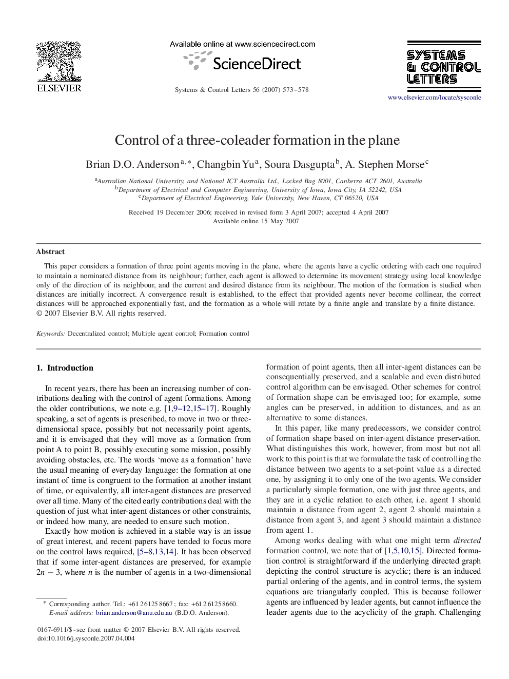 Control of a three-coleader formation in the plane