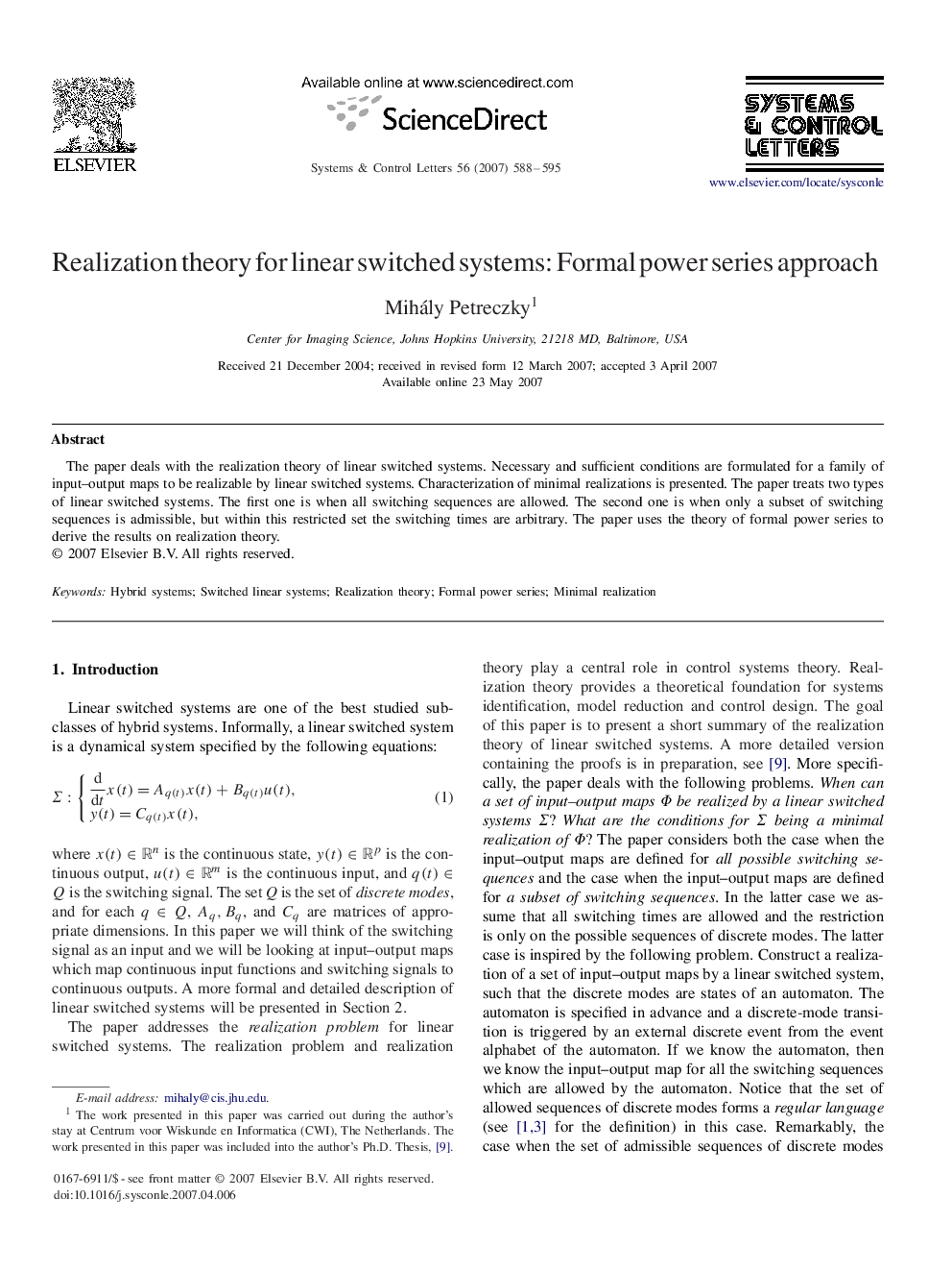 Realization theory for linear switched systems: Formal power series approach