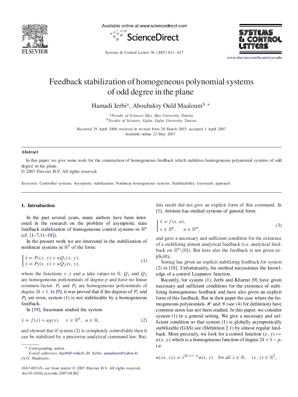 Feedback stabilization of homogeneous polynomial systems of odd degree in the plane