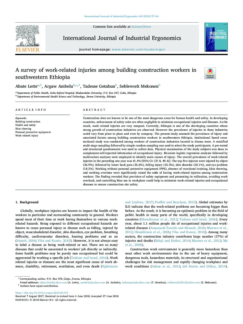 A survey of work-related injuries among building construction workers in southwestern Ethiopia