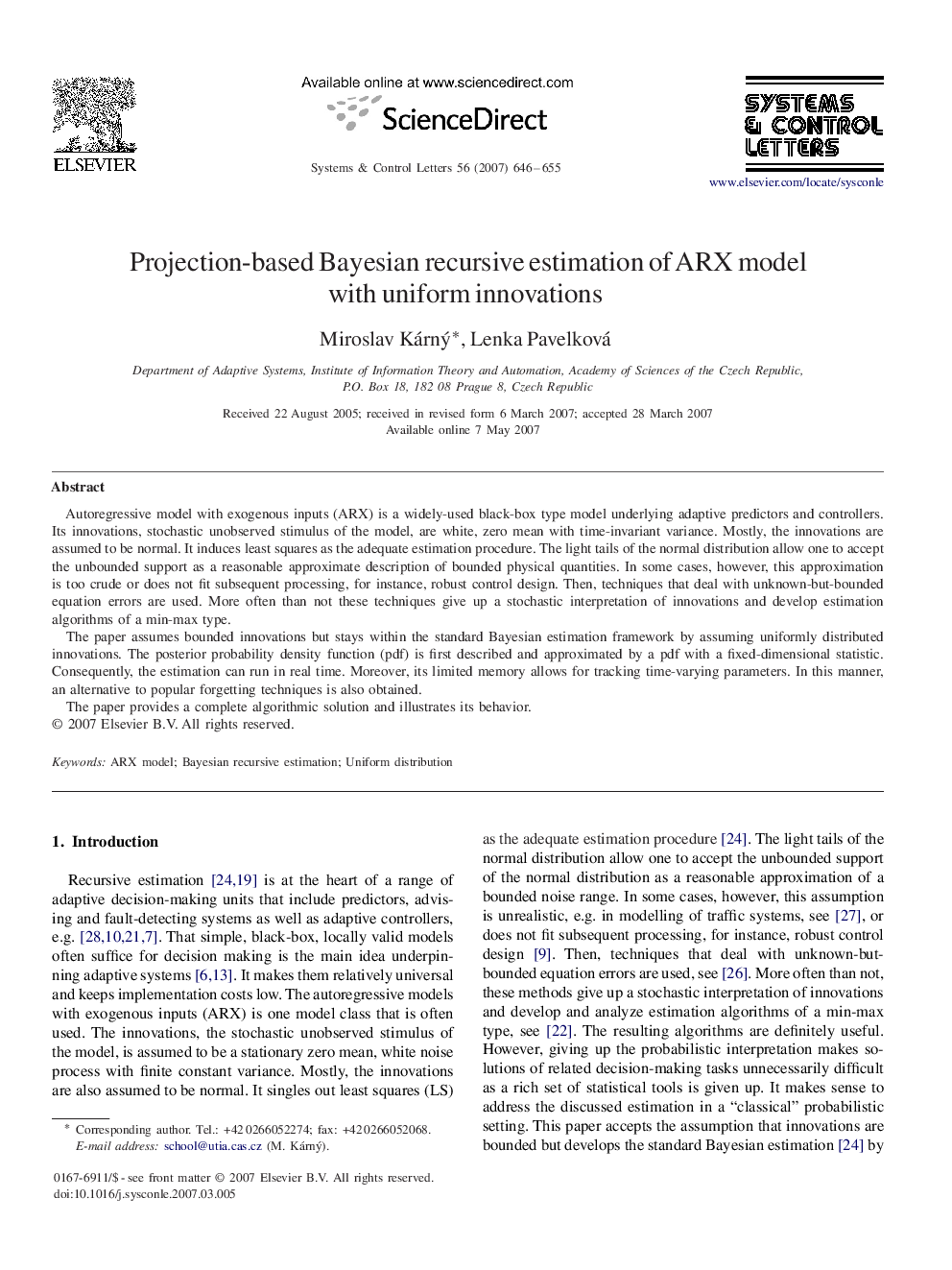 Projection-based Bayesian recursive estimation of ARX model with uniform innovations