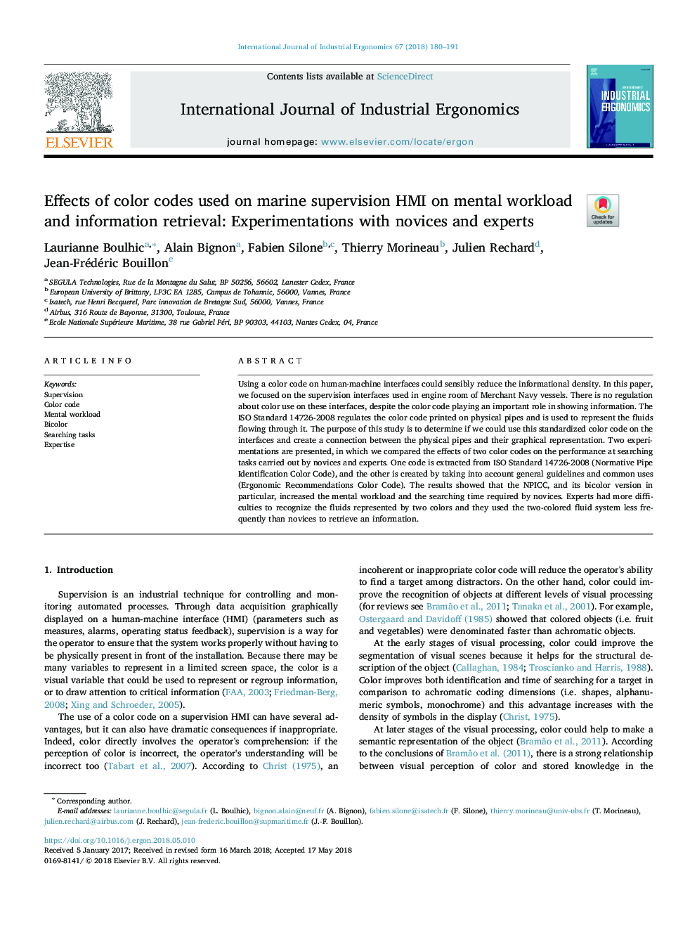 Effects of color codes used on marine supervision HMI on mental workload and information retrieval: Experimentations with novices and experts