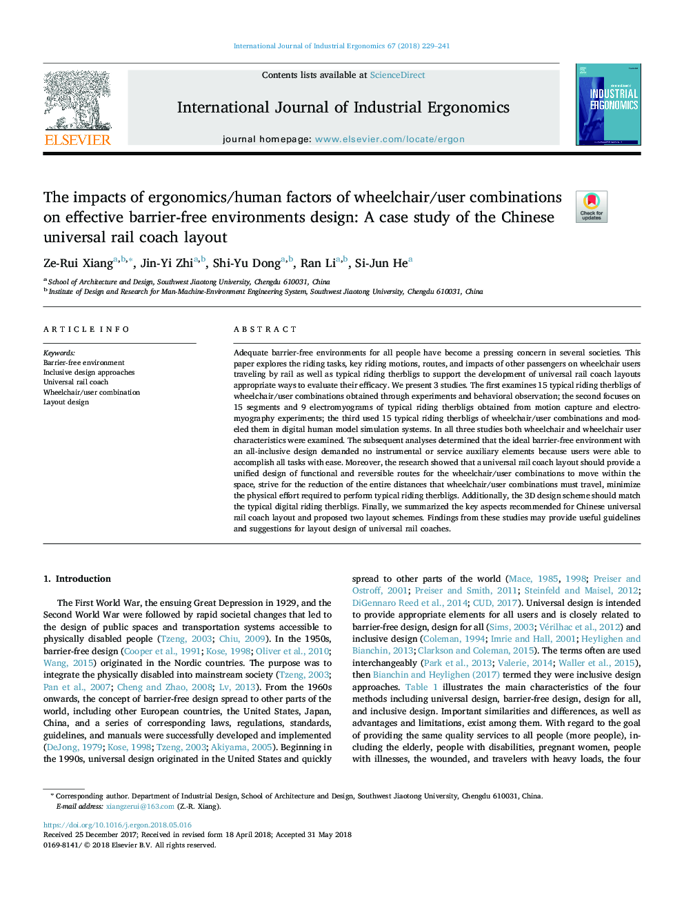 The impacts of ergonomics/human factors of wheelchair/user combinations on effective barrier-free environments design: A case study of the Chinese universal rail coach layout