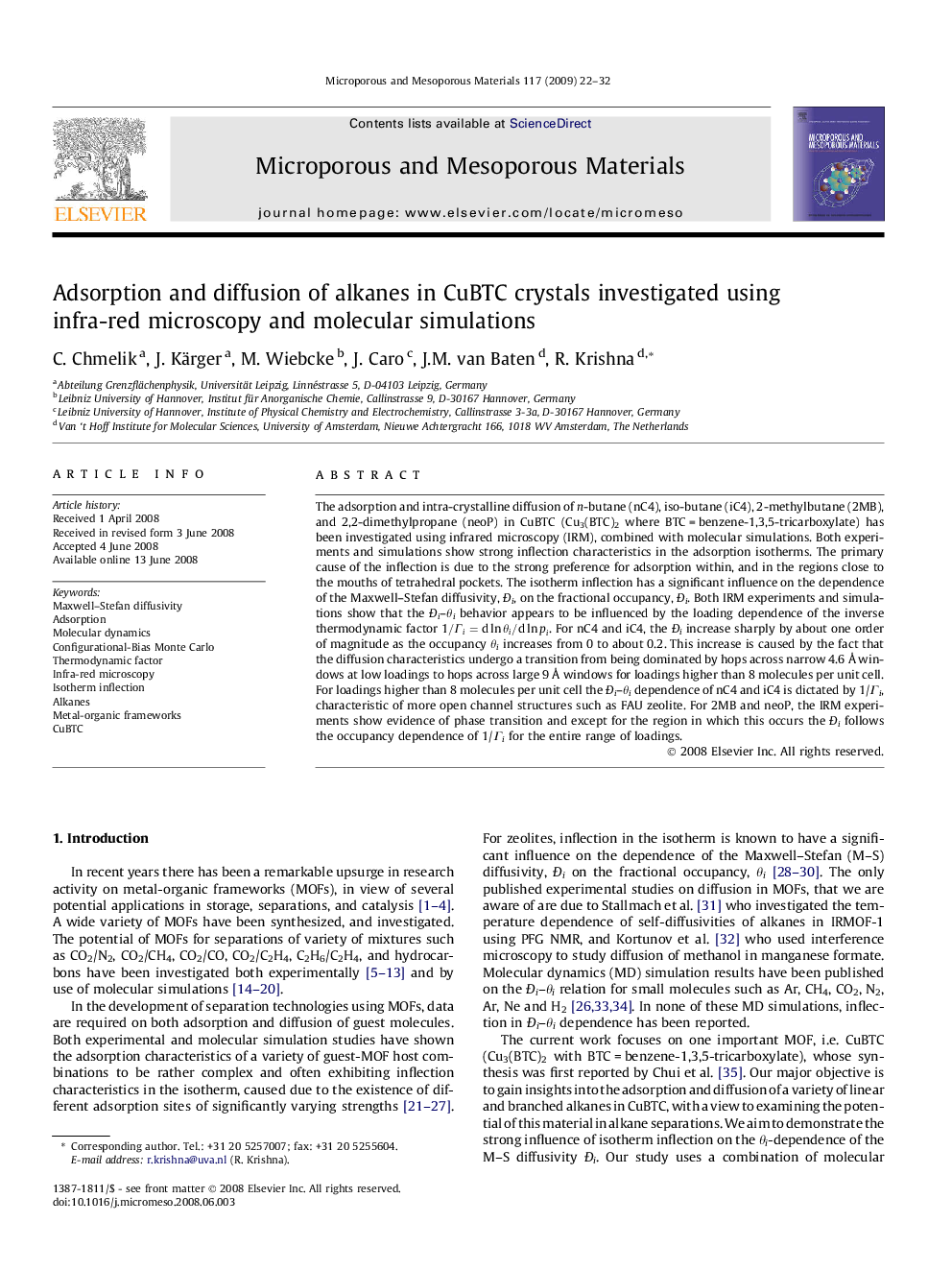 Adsorption and diffusion of alkanes in CuBTC crystals investigated using infra-red microscopy and molecular simulations