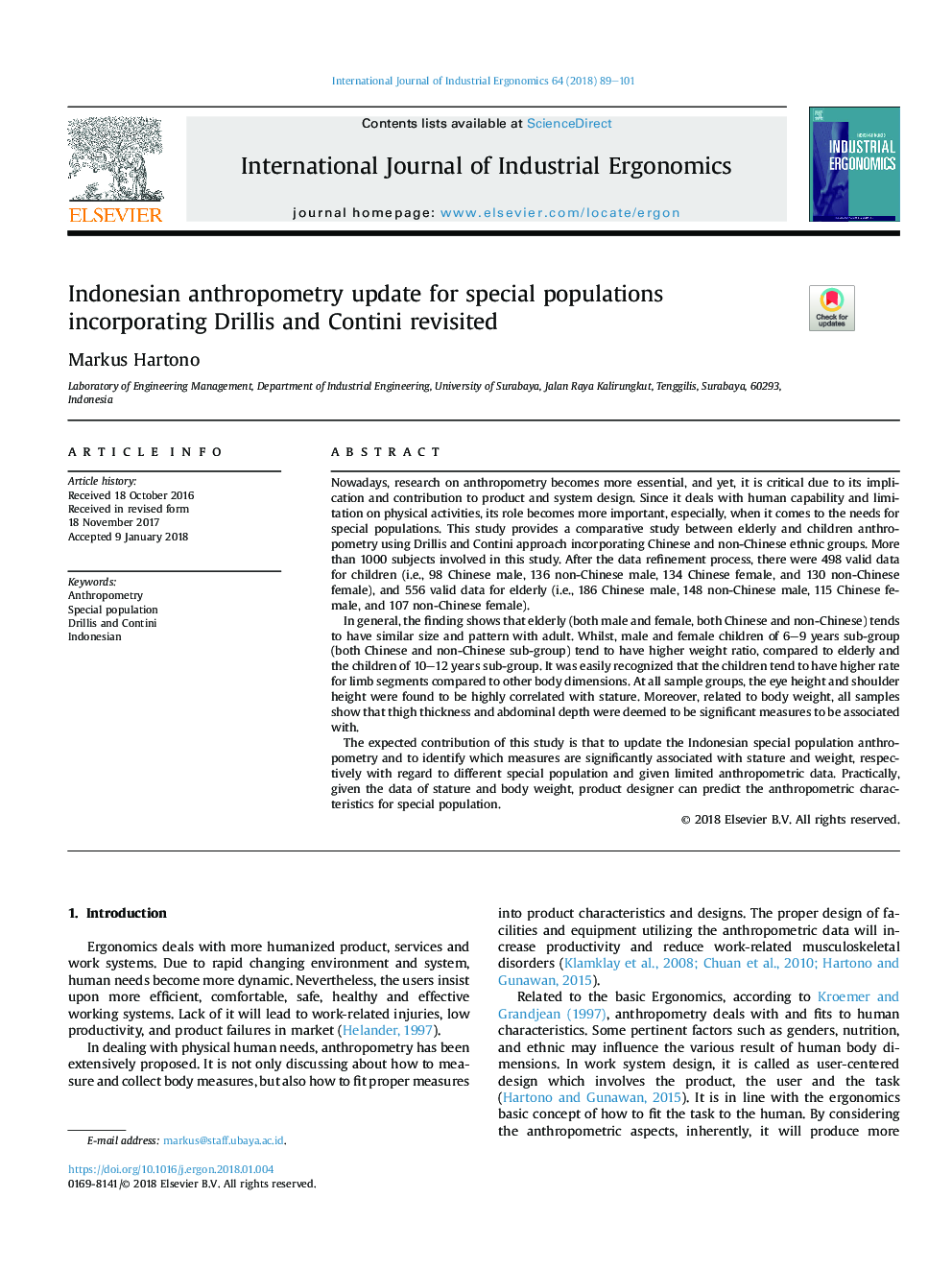 Indonesian anthropometry update for special populations incorporating Drillis and Contini revisited