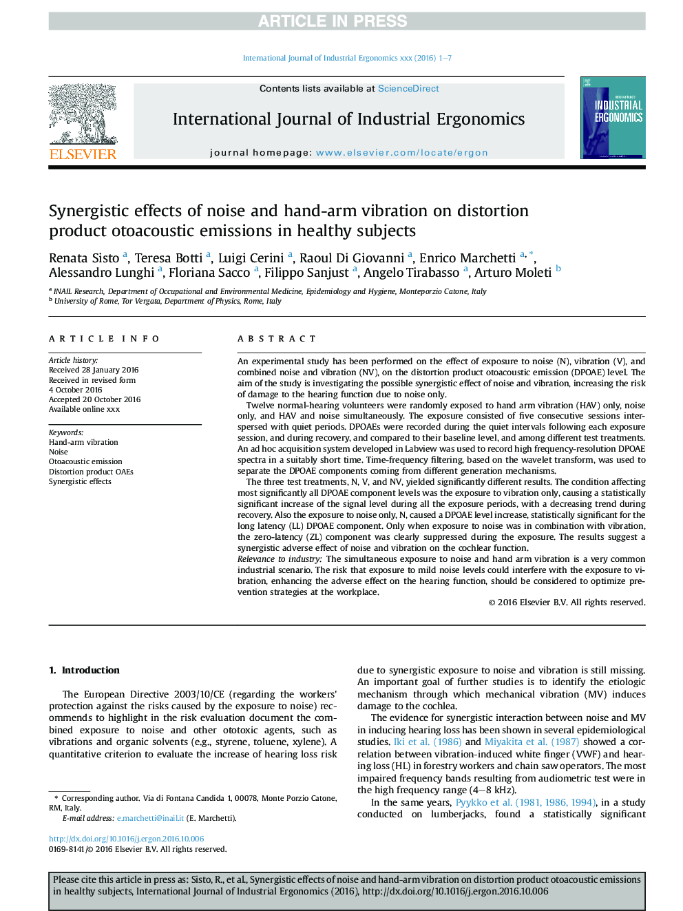 Synergistic effects of noise and hand-arm vibration on distortion product otoacoustic emissions in healthy subjects