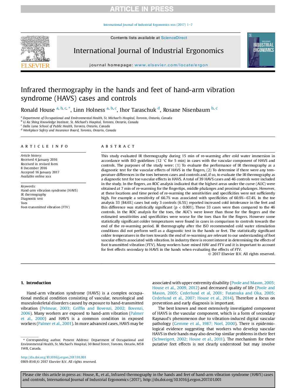 Infrared thermography in the hands and feet of hand-arm vibration syndrome (HAVS) cases and controls