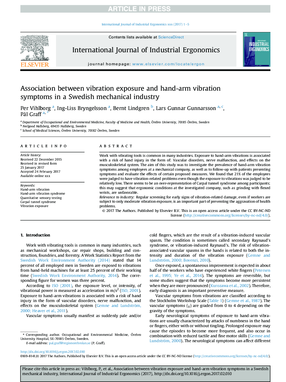 Association between vibration exposure and hand-arm vibration symptoms in a Swedish mechanical industry