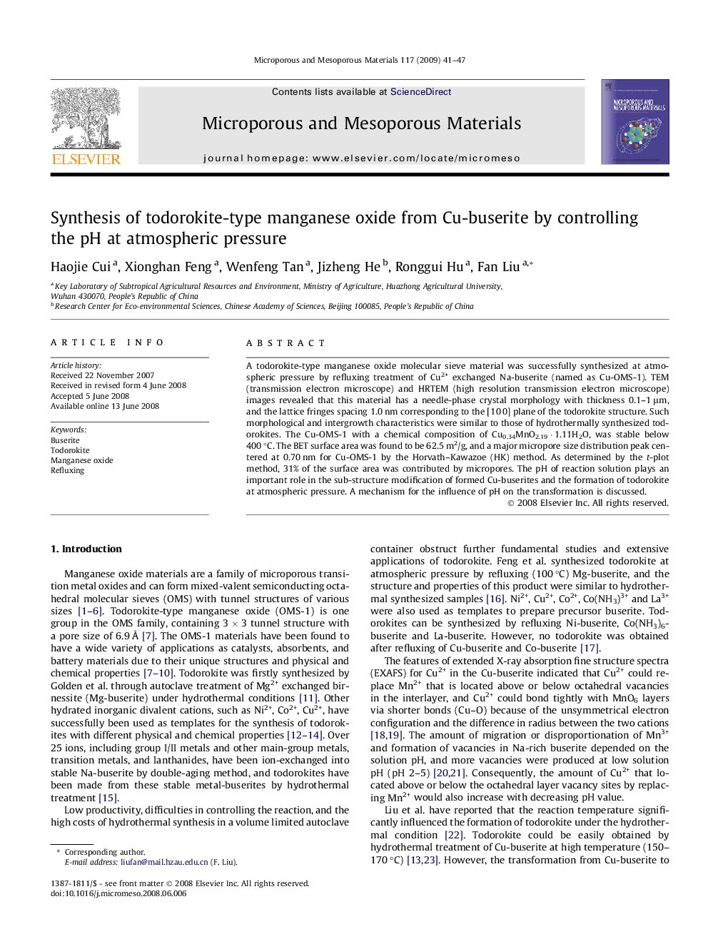 Synthesis of todorokite-type manganese oxide from Cu-buserite by controlling the pH at atmospheric pressure