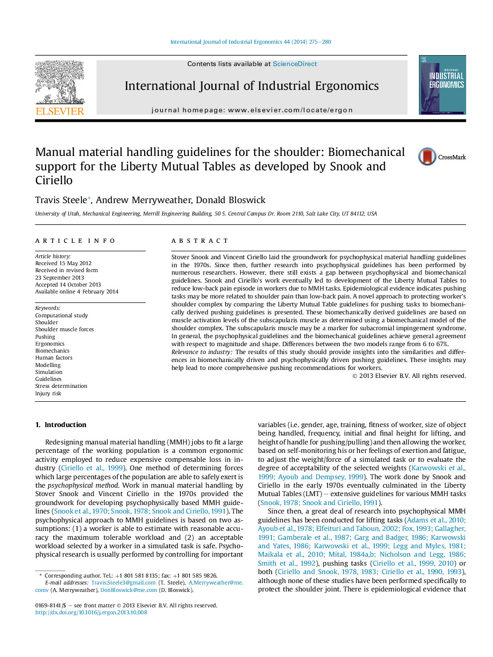 Manual material handling guidelines for the shoulder: Biomechanical support for the Liberty Mutual TablesÂ as developed by Snook and Ciriello