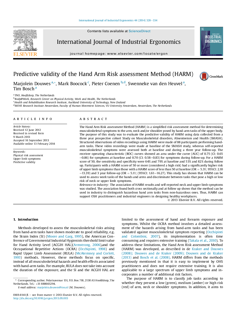 Predictive validity of the Hand Arm Risk assessment Method (HARM)