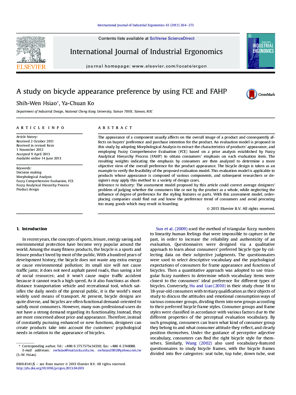 A study on bicycle appearance preference by using FCE and FAHP