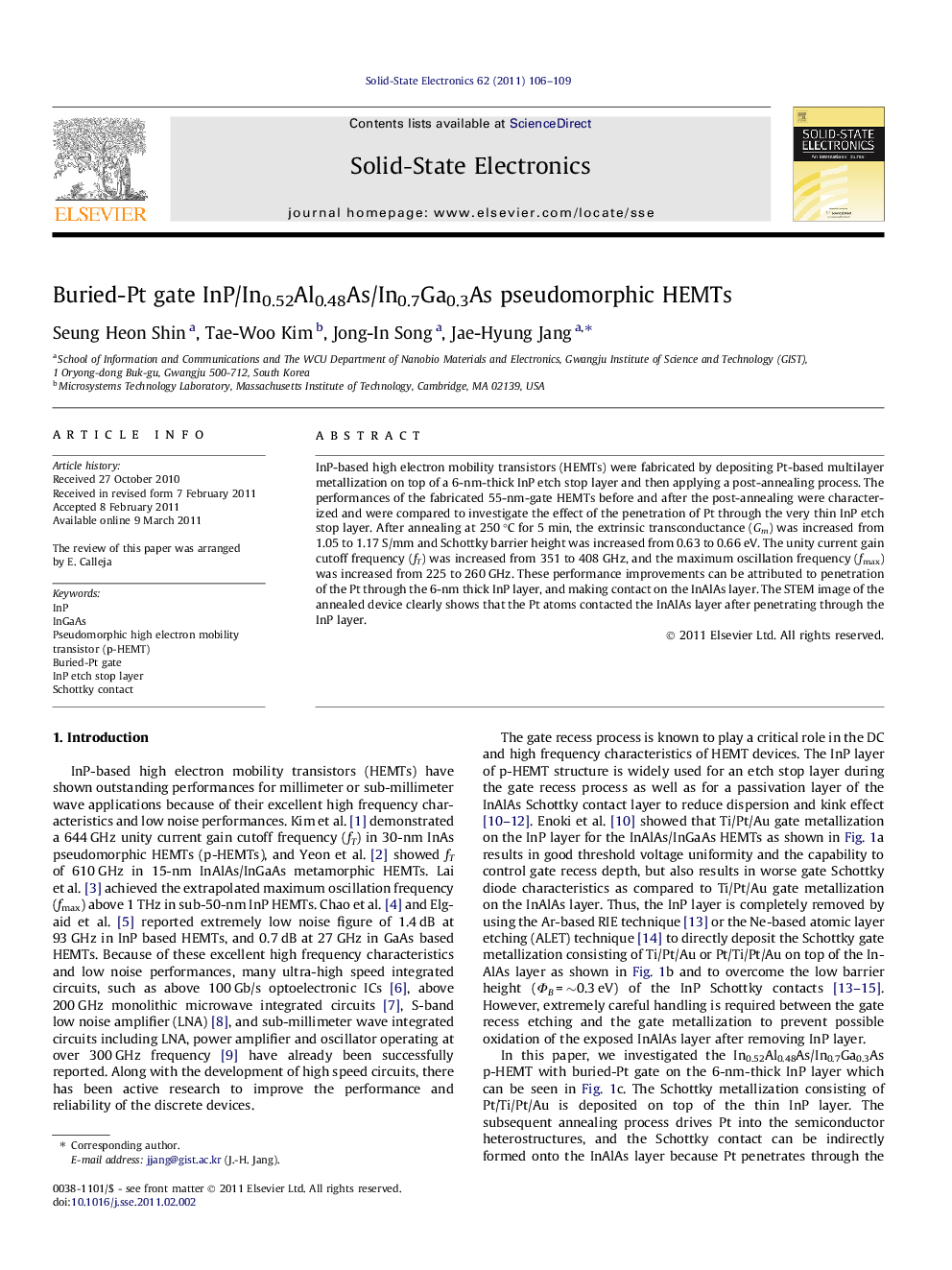 Buried-Pt gate InP/In0.52Al0.48As/In0.7Ga0.3As pseudomorphic HEMTs