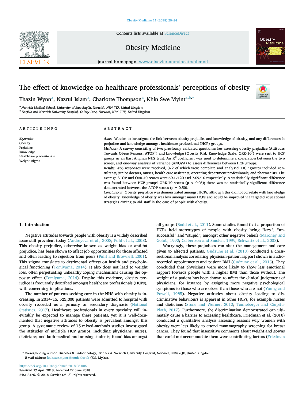 The effect of knowledge on healthcare professionals' perceptions of obesity