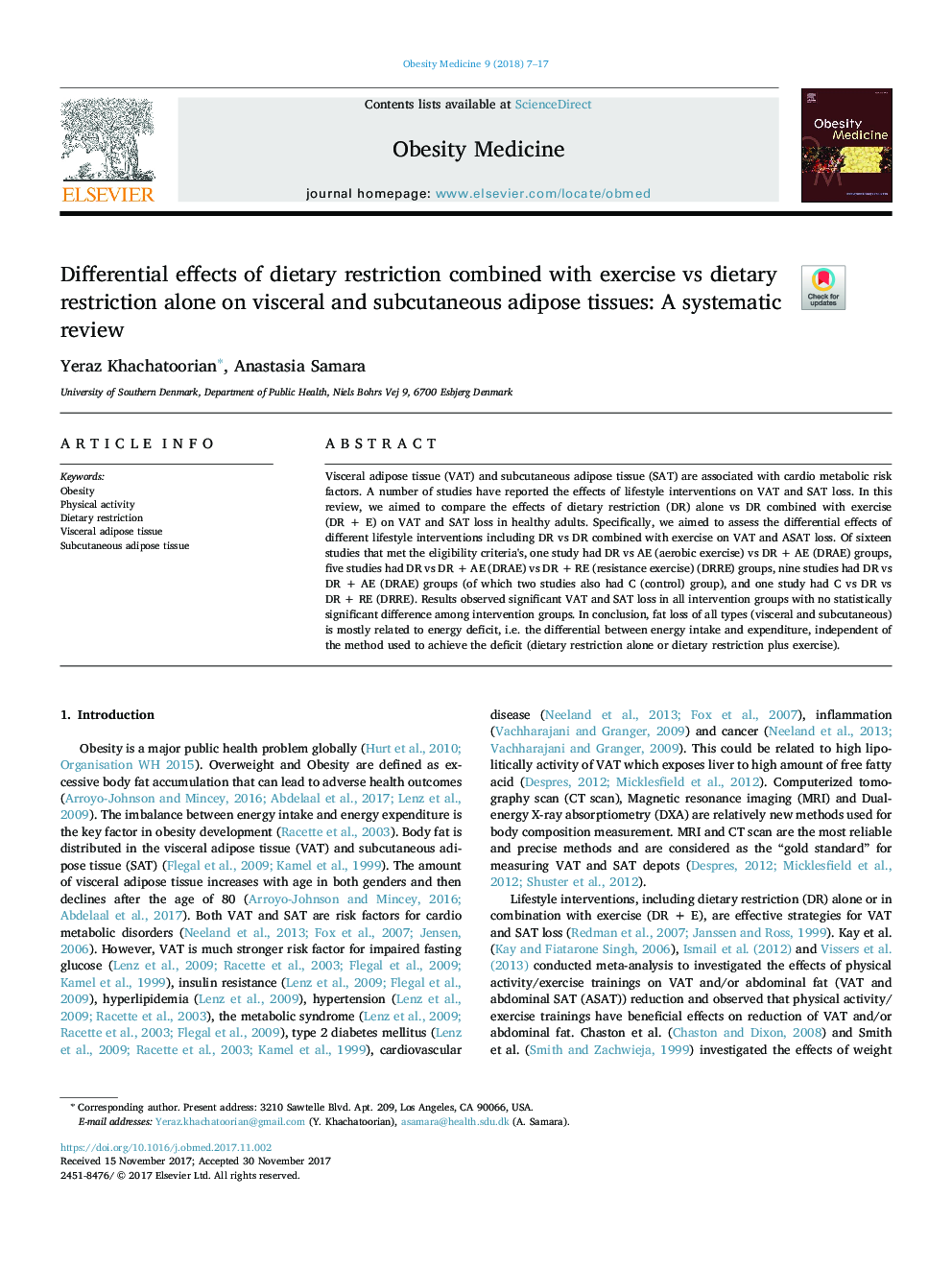 Differential effects of dietary restriction combined with exercise vs dietary restriction alone on visceral and subcutaneous adipose tissues: A systematic review