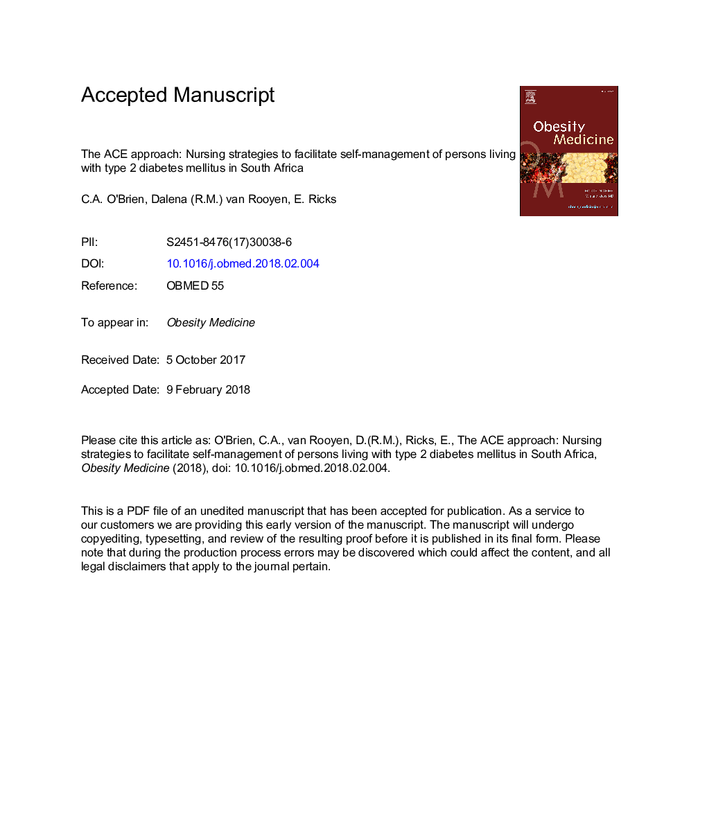 The ACE approach: Nursing strategies to facilitate self-management of persons living with type 2 diabetes mellitus in South Africa