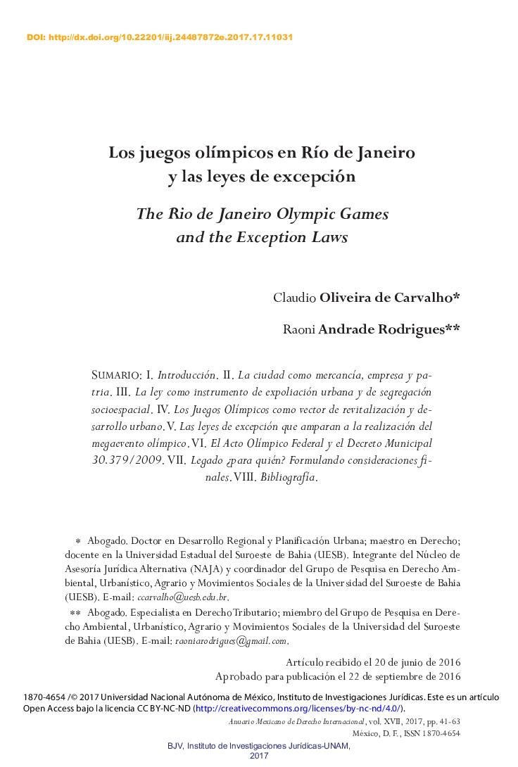 Los juegos olÃ­mpicos en RÃ­o de Janeiro y las leyes de excepción