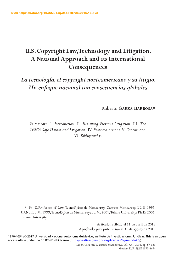 U.S. Copyright Law, Technology and Litigation. A National Approach and its International Consequences