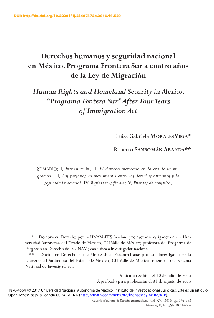 Derechos humanos y seguridad nacional en México. Programa Frontera Sur a cuatro años de la Ley de Migración