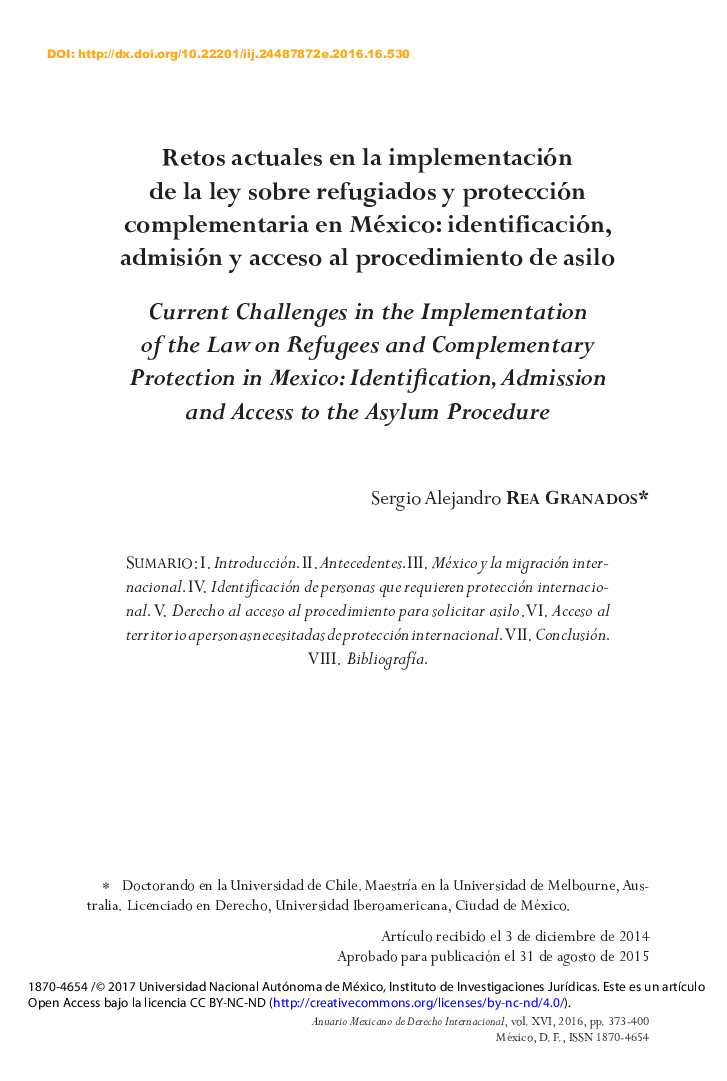 Retos actuales en la implementación de la ley sobre refugiados y protección complementaria en México: identificación, admisión y acceso al procedimiento de asilo