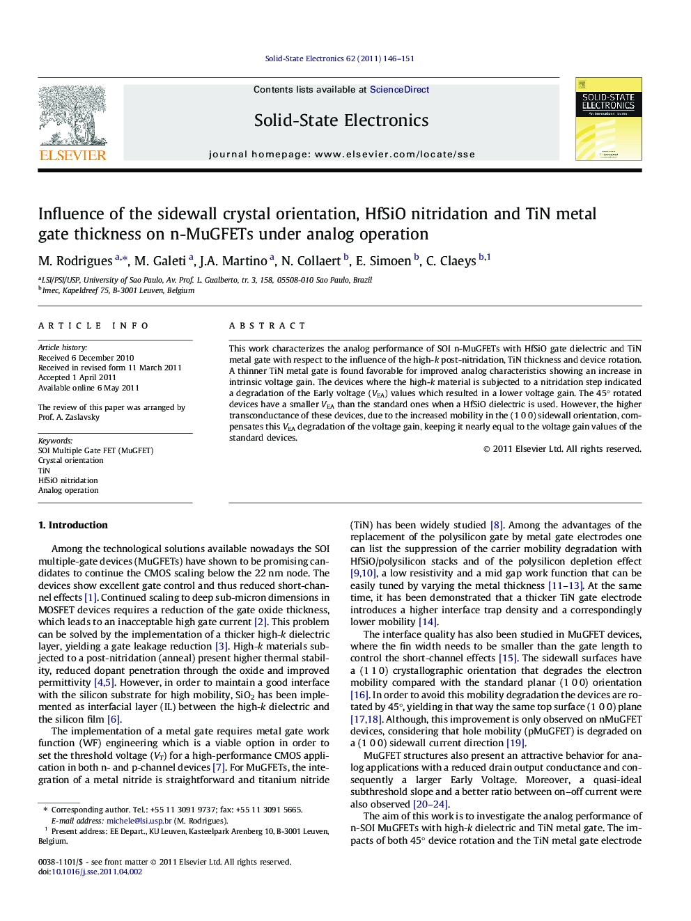 Influence of the sidewall crystal orientation, HfSiO nitridation and TiN metal gate thickness on n-MuGFETs under analog operation