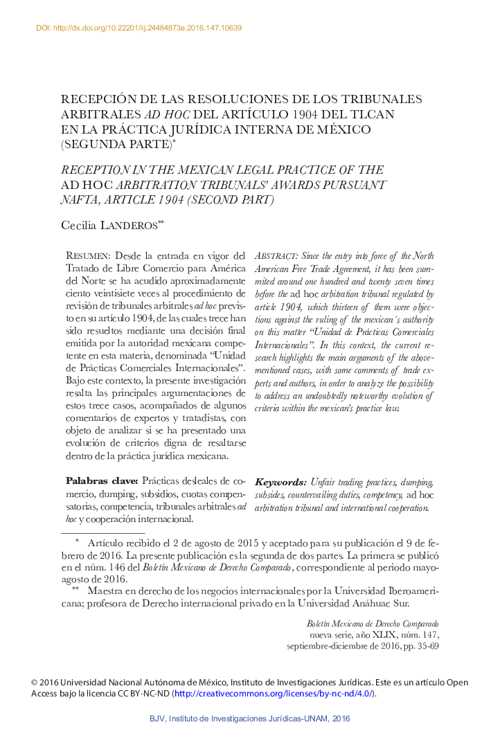 Recepción de las resoluciones de los tribunales arbitrales ad hoc del artÃ­culo 1904 del TLCAN en la práctica jurÃ­dica interna de México (segunda parte)*