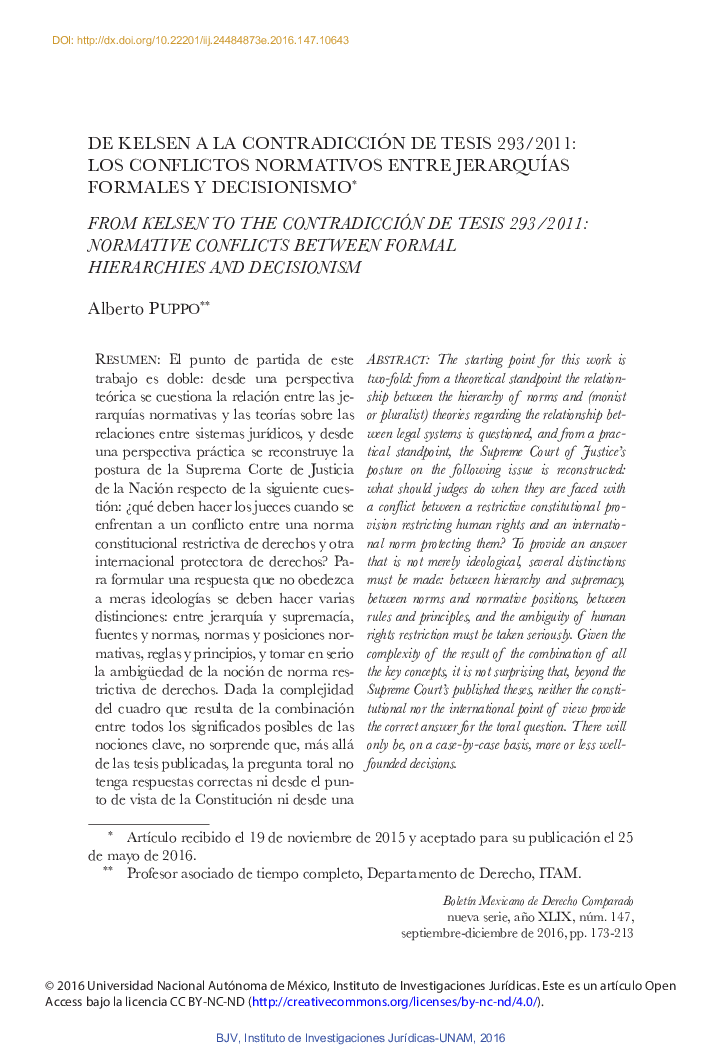 De kelsen a la contradicción de tesis 293/2011: los conflictos normativos entre jerarquÃ­as formales y decisionismo