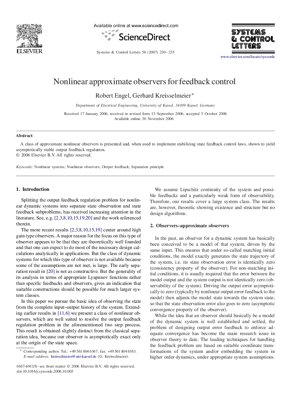 Nonlinear approximate observers for feedback control