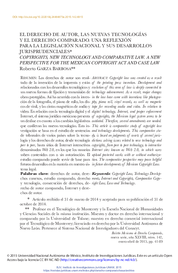 El derecho de autor, las nuevas tecnologÃ­as y el derecho comparado. Una reflexión para la legislación nacional y sus desarrollos jurisprudenciales