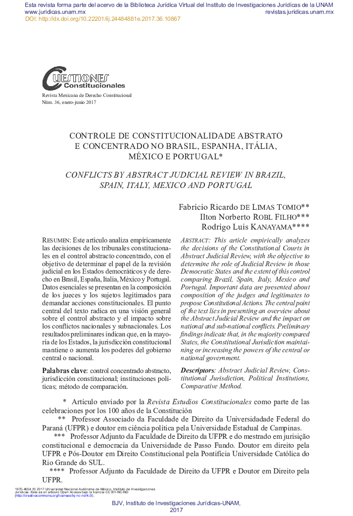 Controle De Constitucionalidade Abstrato E Concentrado No Brasil, Espanha, Itália, México E Portugal*