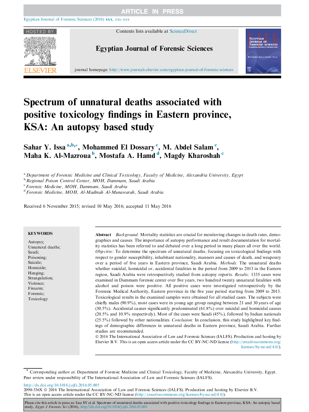 Spectrum of unnatural deaths associated with positive toxicology findings in Eastern Province, KSA: An autopsy based study