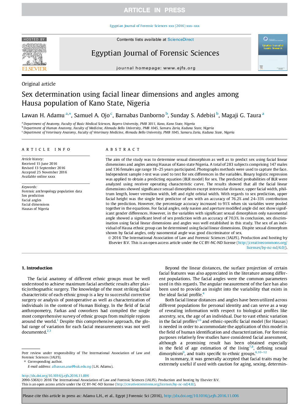 Sex determination using facial linear dimensions and angles among Hausa population of Kano State, Nigeria