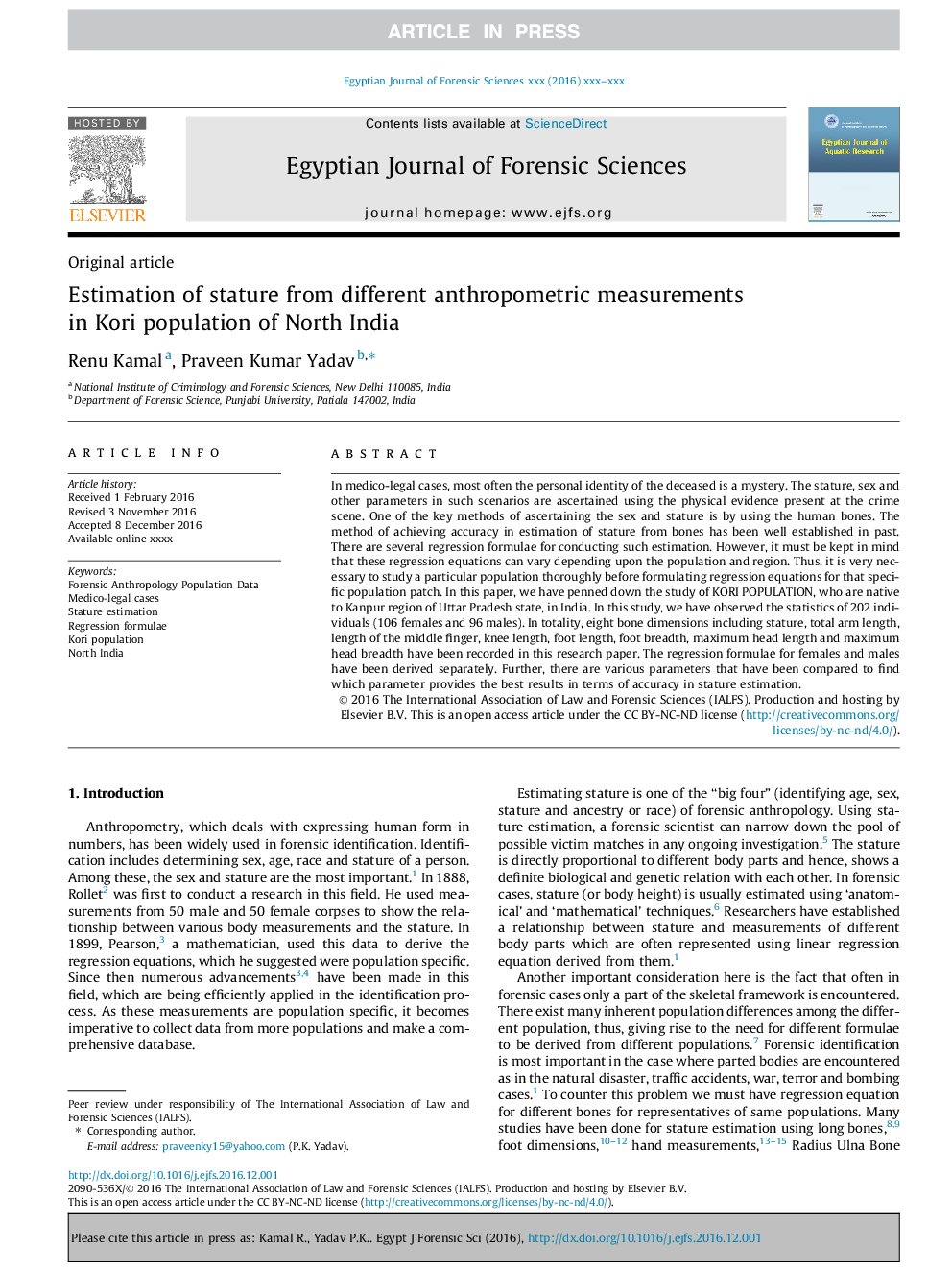 Estimation of stature from different anthropometric measurements in Kori population of North India