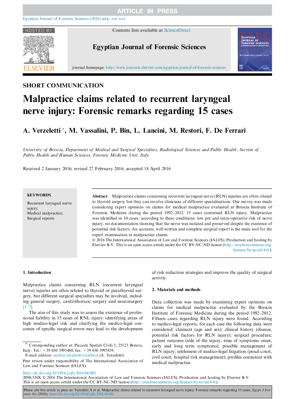 Malpractice claims related to recurrent laryngeal nerve injury: Forensic remarks regarding 15 cases