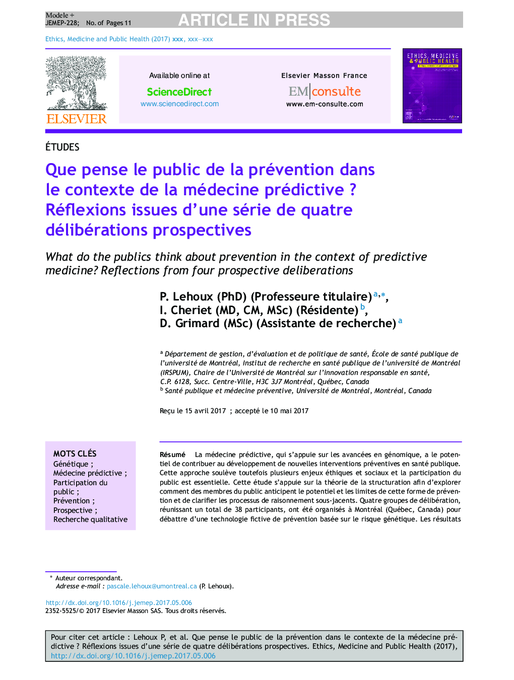 Que pense le public de la prévention dans le contexte de la médecine prédictiveÂ ? Réflexions issues d'une série de quatre délibérations prospectives