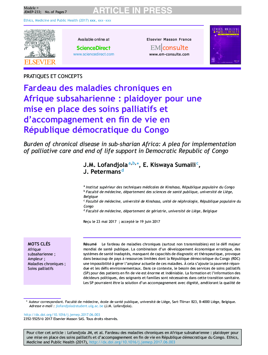 عکس صفحه اول مقاله: Fardeau des maladies chroniques en Afrique subsaharienne : plaidoyer pour une mise en place des soins palliatifs et d'accompagnement en fin de vie en République démocratique du Congo Fardeau des maladies chroniques en Afrique subsaharienne : plaidoyer pour une mise en place des soins palliatifs et d'accompagnement en fin de vie en République démocratique du Congo