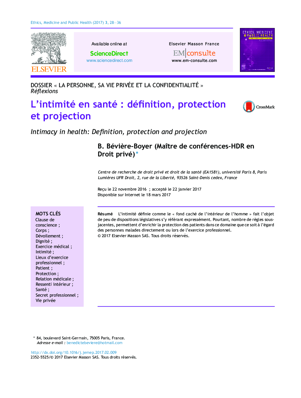 L'intimité en santéÂ : définition, protection et projection