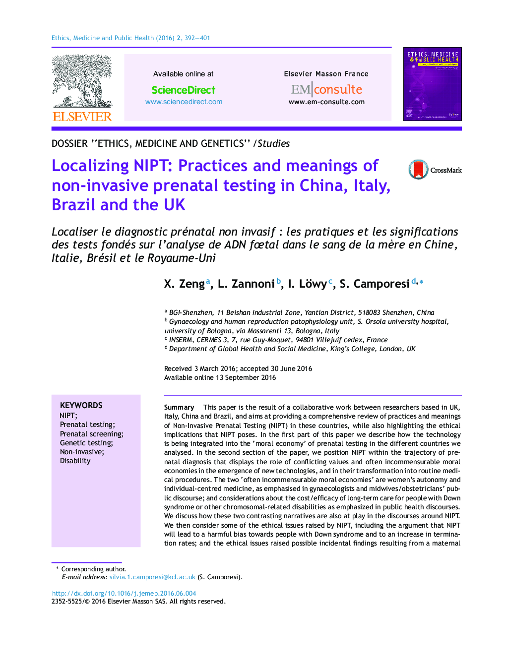 Localizing NIPT: Practices and meanings of non-invasive prenatal testing in China, Italy, Brazil and the UK