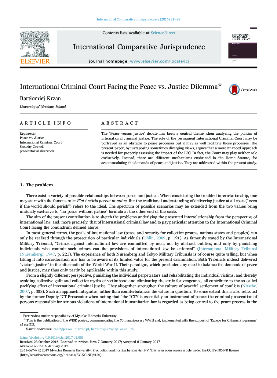 International Criminal Court Facing the Peace vs. Justice Dilemma