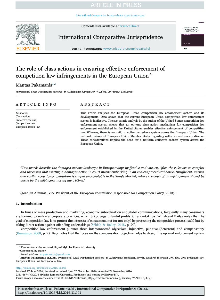 The role of class actions in ensuring effective enforcement of competition law infringements in the European Union