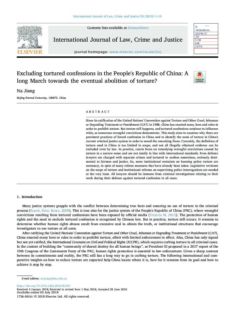 Excluding tortured confessions in the People's Republic of China: A long March towards the eventual abolition of torture?