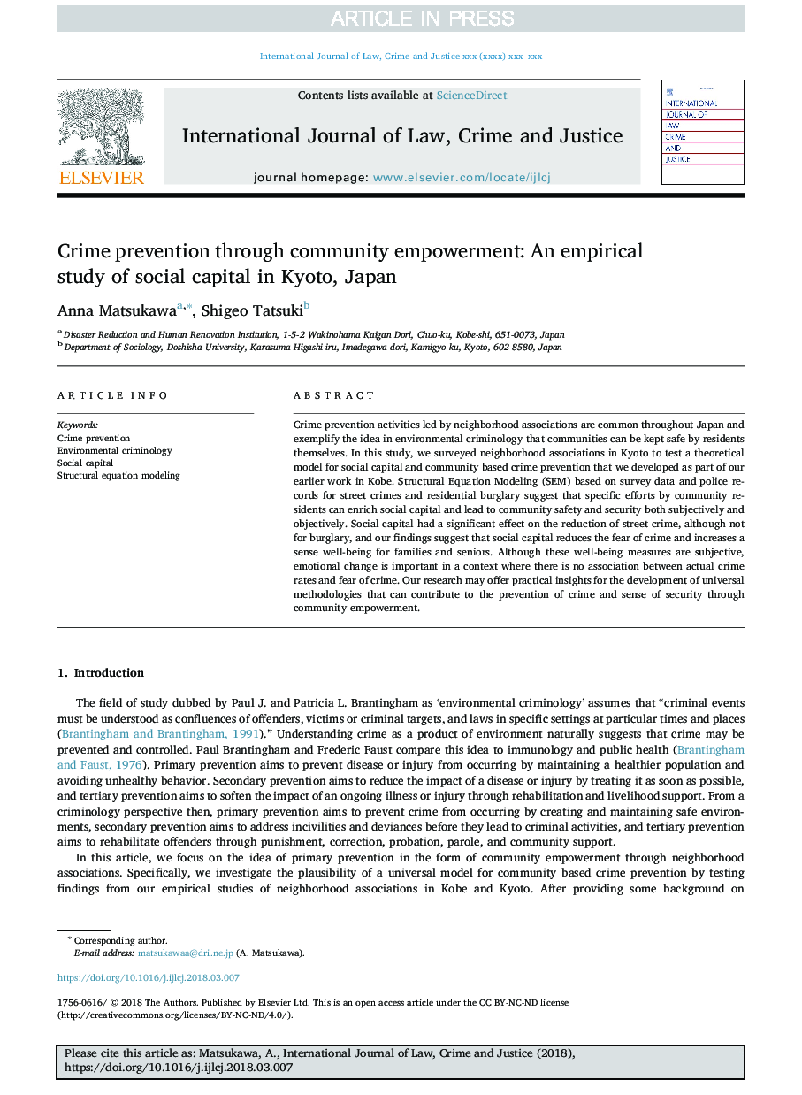 Crime prevention through community empowerment: An empirical study of social capital in Kyoto, Japan