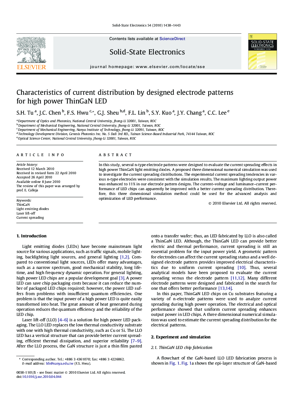 Characteristics of current distribution by designed electrode patterns for high power ThinGaN LED