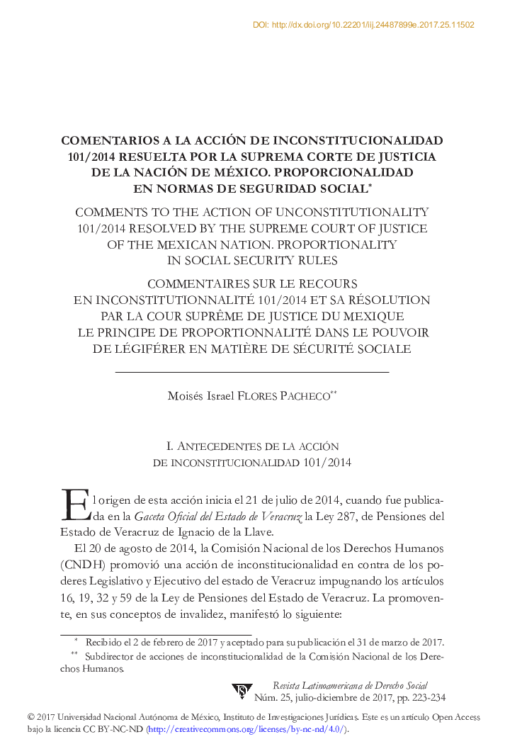 Comentarios a la acción de inconstitucionalidad 101/2014 resuelta por la suprema corte de justicia de la nación de México. Proporcionalidad en normas de seguridad social*